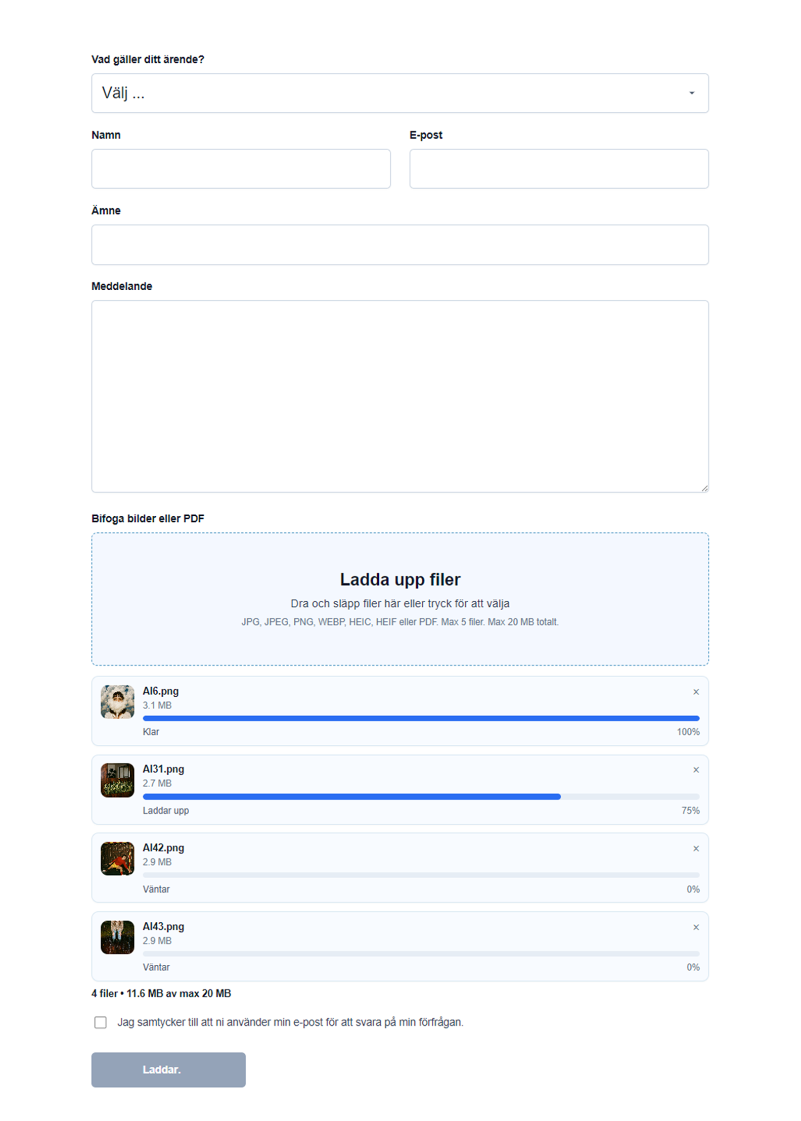 Preview of contact form UI
